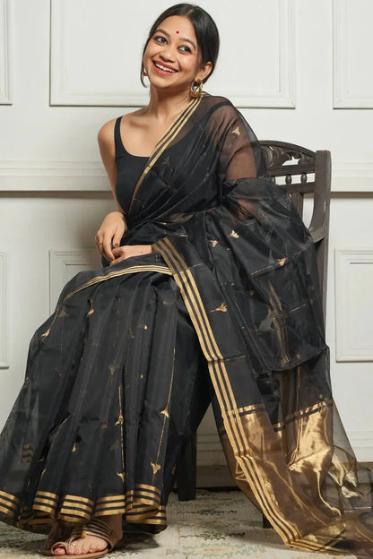 Very Appealing Black Cotton Silk Saree With Stunning Blouse Piece