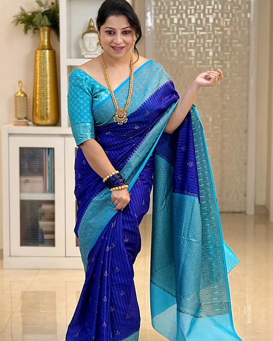 Delightful Blue Soft Silk Saree With Designer Blouse Peice