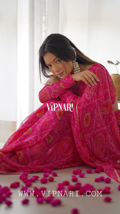 1 Min Ready To Wear Imported Georgette Bandhej Saree With Heavy Blouse