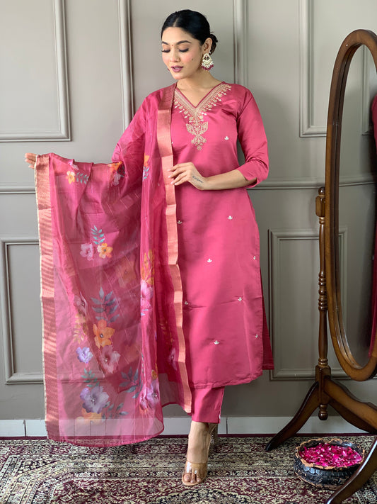 Unique Pastal Pink Viscose Chanderi Silk Embroidary Suit Set