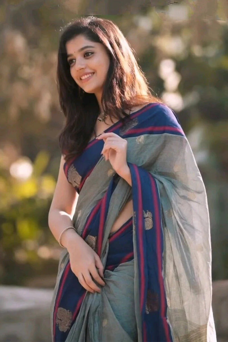 Winsome Grey Cotton Silk Saree With Stunning Blouse Piece