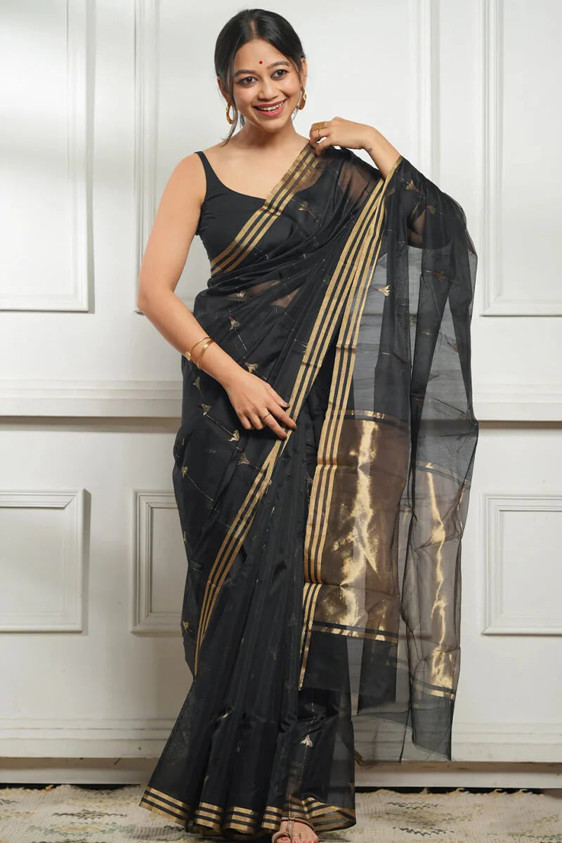 Very Appealing Black Cotton Silk Saree With Stunning Blouse Piece