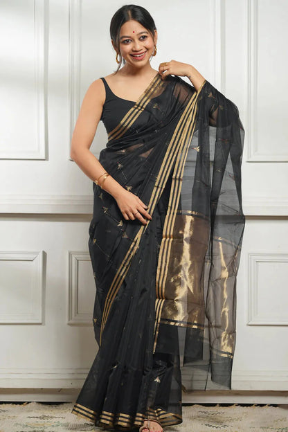 Very Appealing Black Cotton Silk Saree With Stunning Blouse Piece