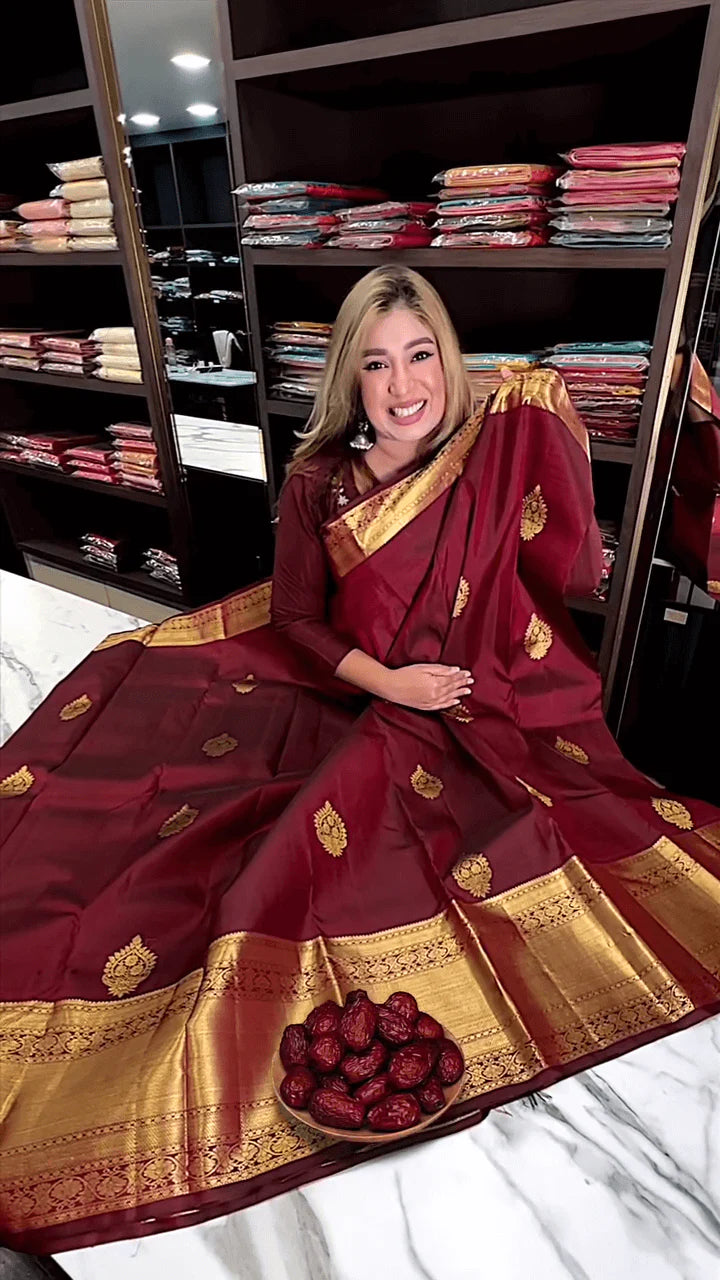 Very Appealing Maroon Soft Banarasi Silk Saree With Lovely Blouse Piece