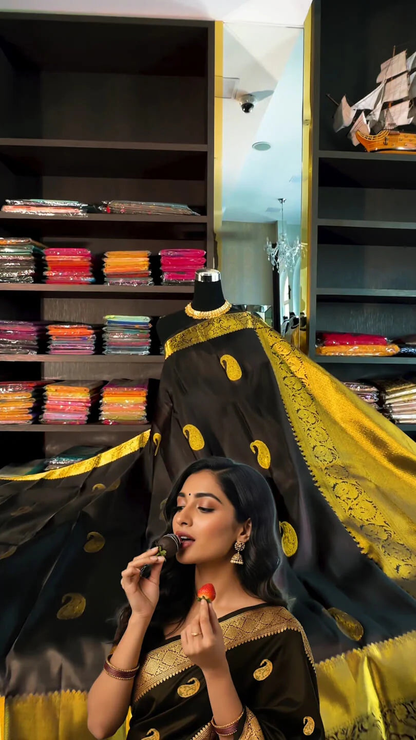 Ravishing Black Soft Banarasi Silk Saree With Glowing Blouse Piece