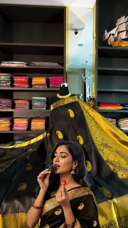 Ravishing Black Soft Banarasi Silk Saree With Glowing Blouse Piece