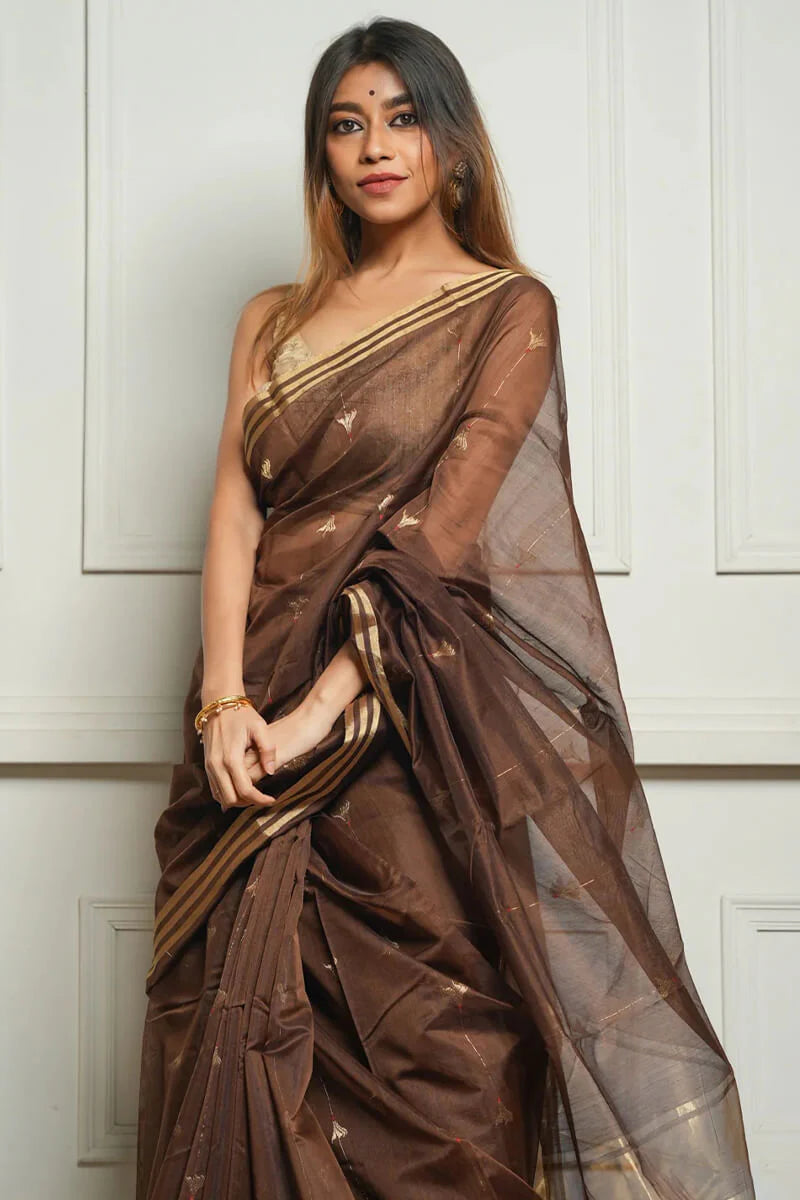 Delightful Brown Cotton Silk Saree With Stunning Blouse Piece