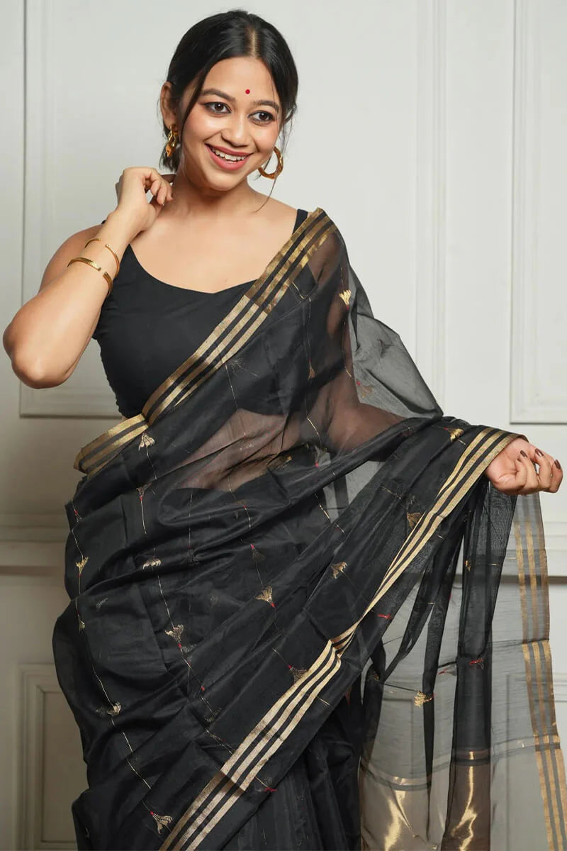 Very Appealing Black Cotton Silk Saree With Stunning Blouse Piece
