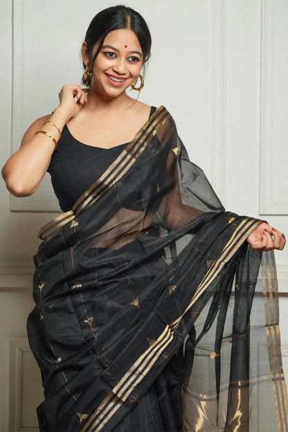 Very Appealing Black Cotton Silk Saree With Stunning Blouse Piece
