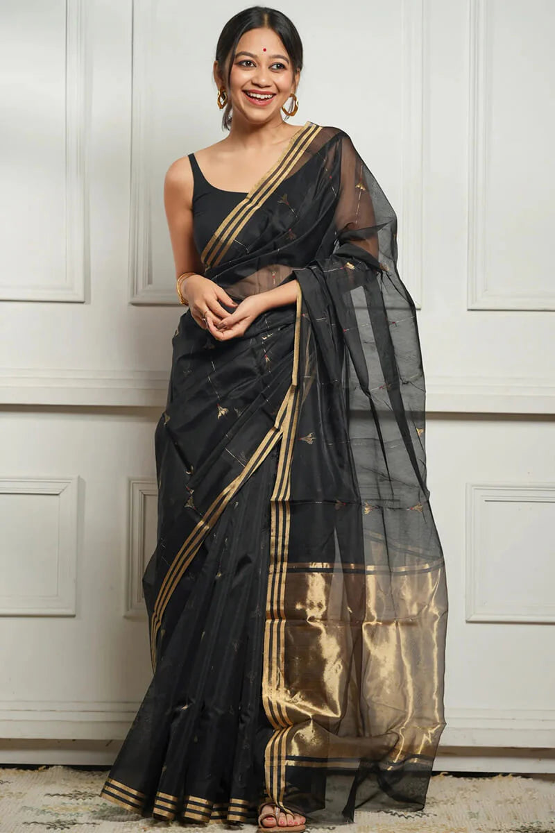 Very Appealing Black Cotton Silk Saree With Stunning Blouse Piece