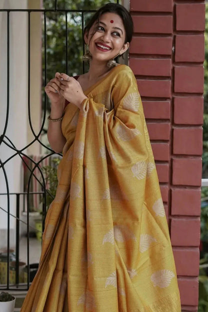 Winsome Mustard Linen Silk Saree With Adorable Blouse Piece