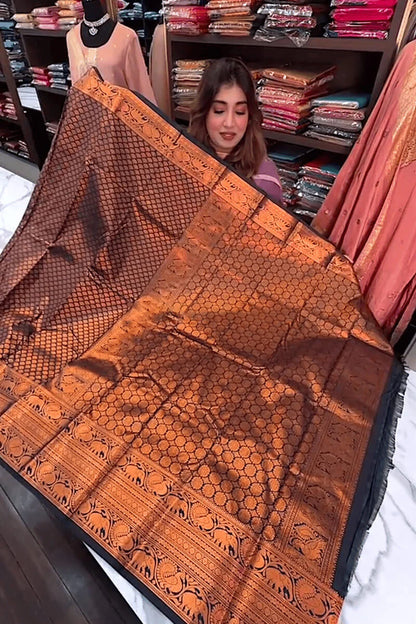 Winsome Navy Blue Soft Banarasi Silk Saree With Unique Blouse Piece