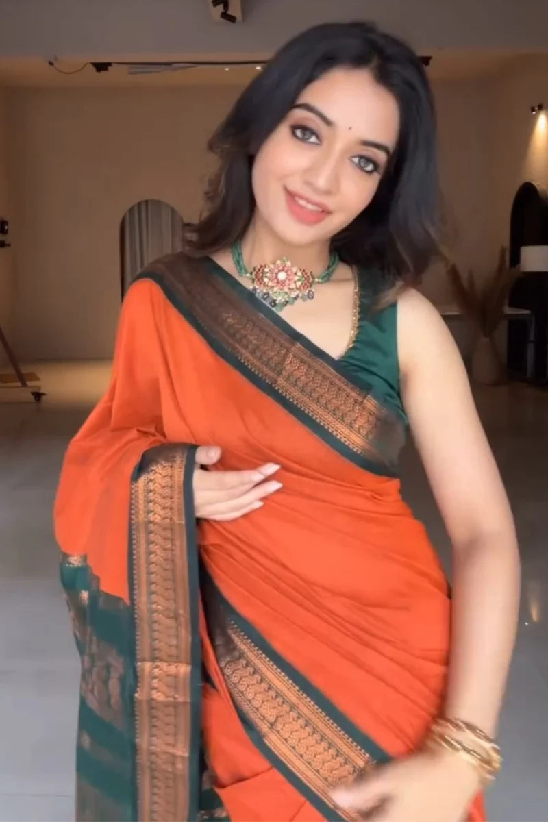 Attractive Orange Soft Silk Saree With Unique Blouse Piece