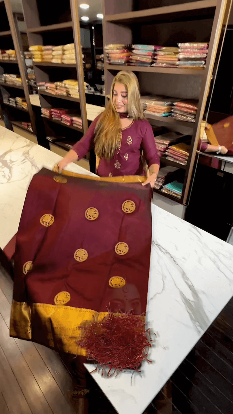 Gorgeous Maroon Soft Banarasi Silk Saree With Tremendous Blouse Piece