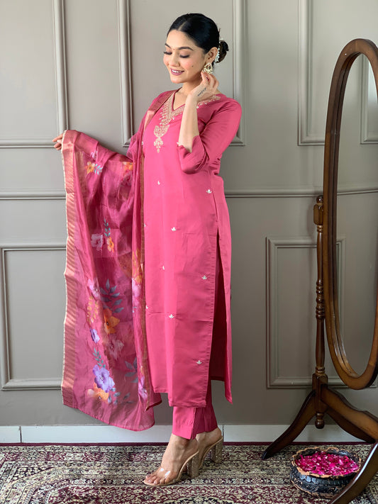 Unique Pastal Pink Viscose Chanderi Silk Embroidary Suit Set