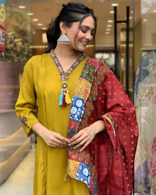Tremendous Yellow Beautiful Viscose Chanderi Suit Set