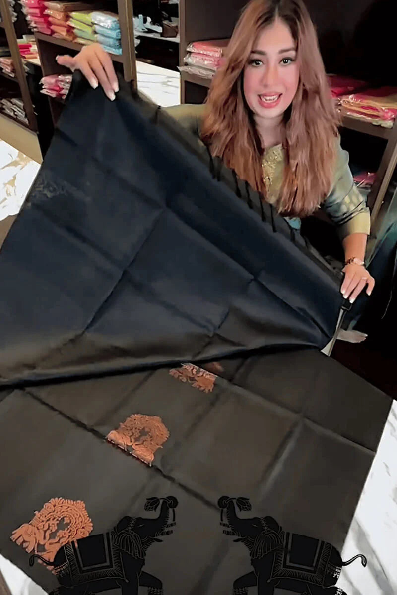 Very Pretty Black Soft Banarasi Silk Saree With Intricate Blouse Piece