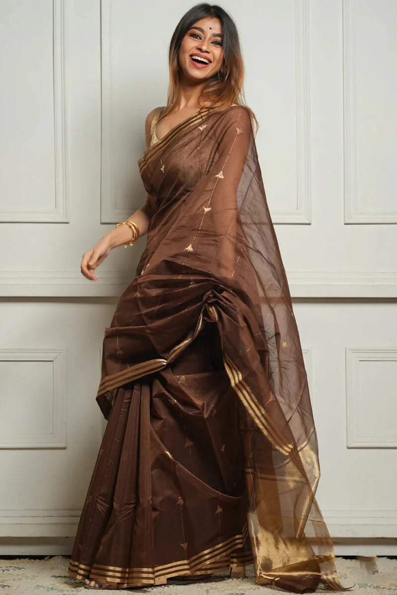 Delightful Brown Cotton Silk Saree With Stunning Blouse Piece