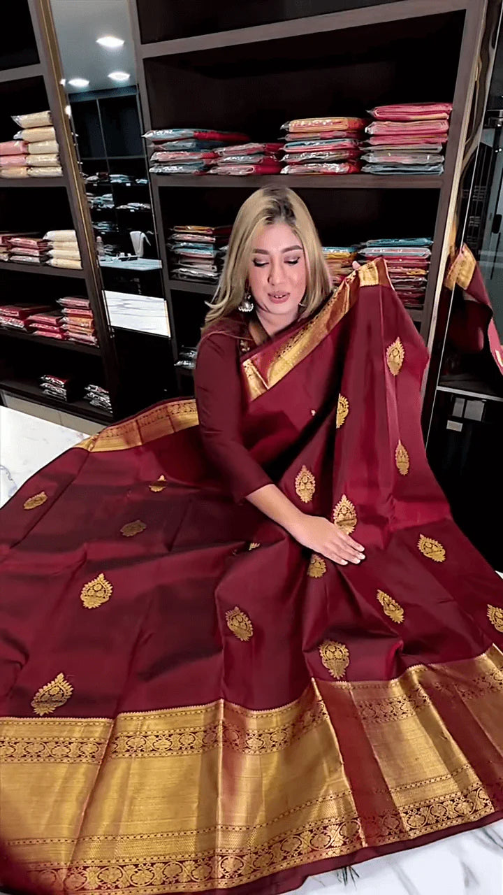 Very Appealing Maroon Soft Banarasi Silk Saree With Lovely Blouse Piece