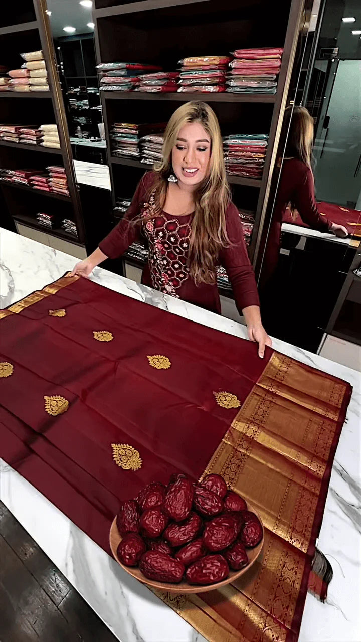 Very Appealing Maroon Soft Banarasi Silk Saree With Lovely Blouse Piece