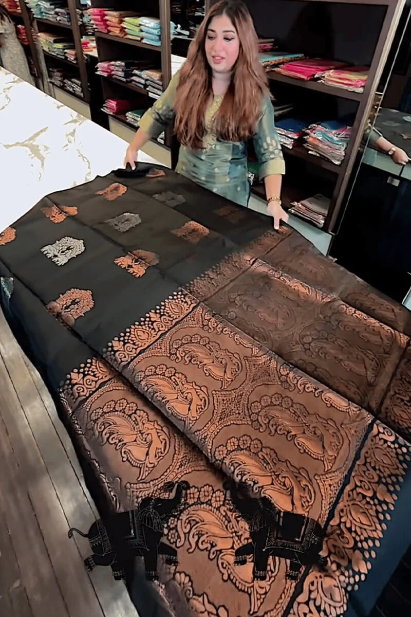 Very Pretty Black Soft Banarasi Silk Saree With Intricate Blouse Piece