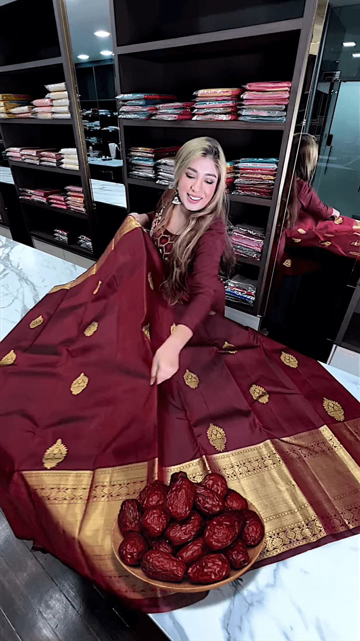 Very Appealing Maroon Soft Banarasi Silk Saree With Lovely Blouse Piece