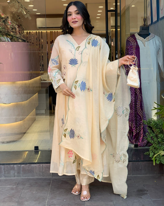 Delightful Viscose Chanderi Embroidery Suit Set