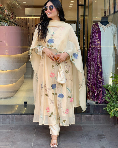 Delightful Viscose Chanderi Embroidery Suit Set