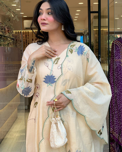 Delightful Viscose Chanderi Embroidery Suit Set