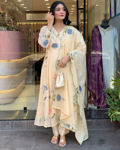 Delightful Viscose Chanderi Embroidery Suit Set