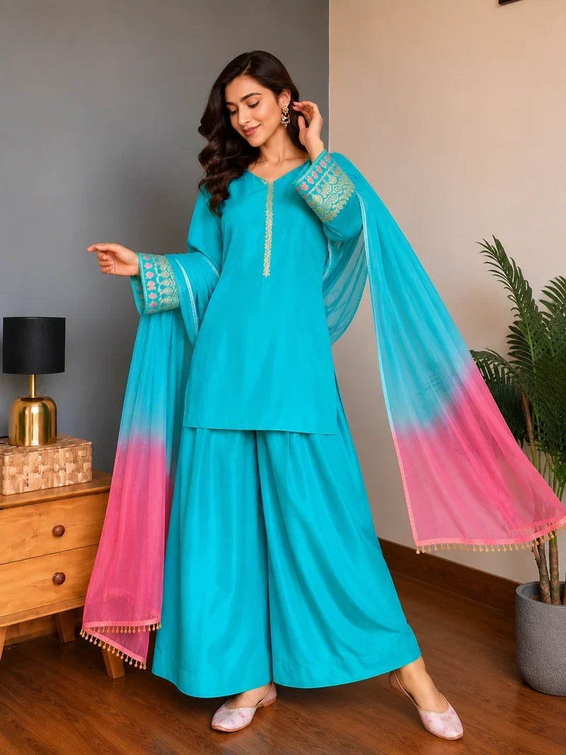Amani Sky Blue Embroidered Suit Set