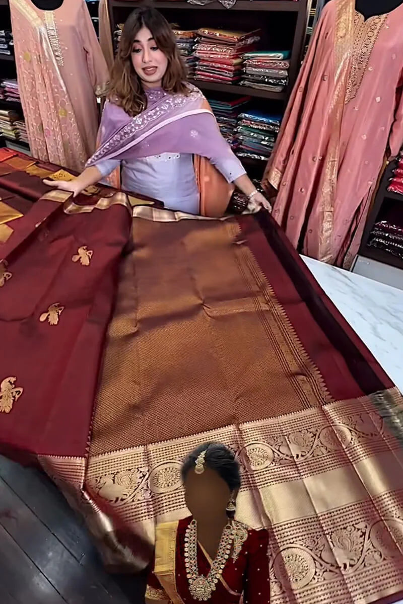 Very Alluring Wine Soft Banarasi Silk Saree With Pretty Blouse Piece