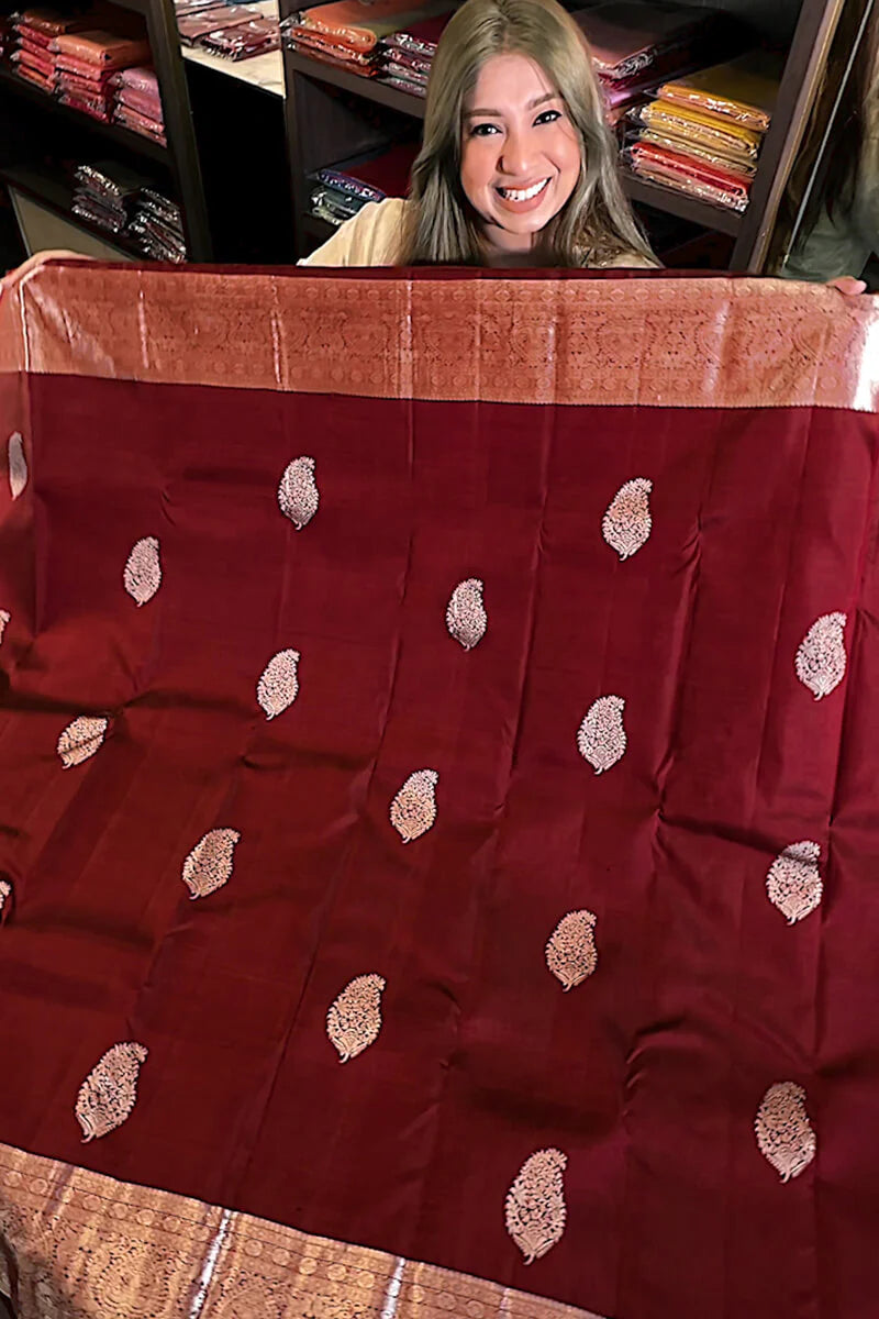 Magnificent Wine Soft Banarasi Silk Saree With Blouse Piece