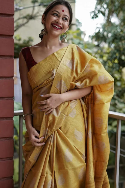 Winsome Mustard Linen Silk Saree With Adorable Blouse Piece