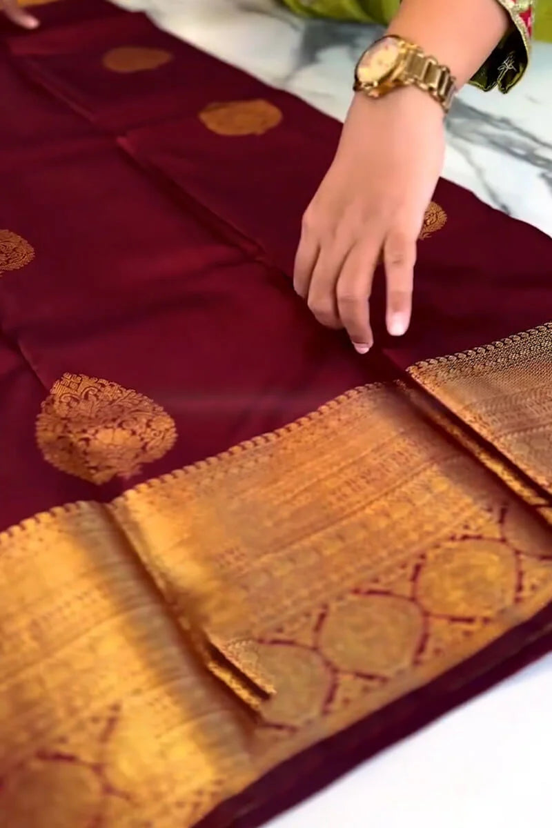 Pleasing Wine Soft Banarasi Silk Saree With Pretty Blouse Piece