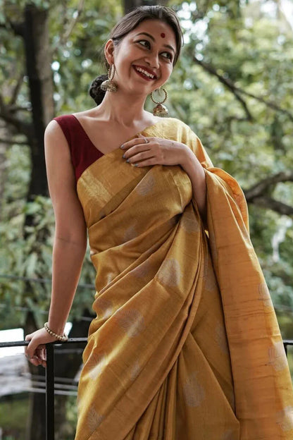 Winsome Mustard Linen Silk Saree With Adorable Blouse Piece