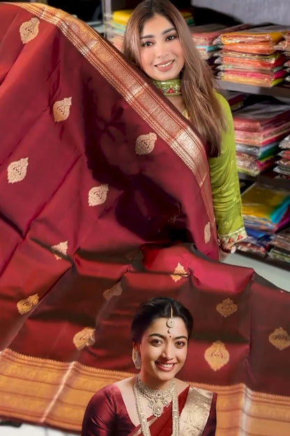 Lovely Wine Soft Banarasi Silk Saree With Pretty Blouse Piece