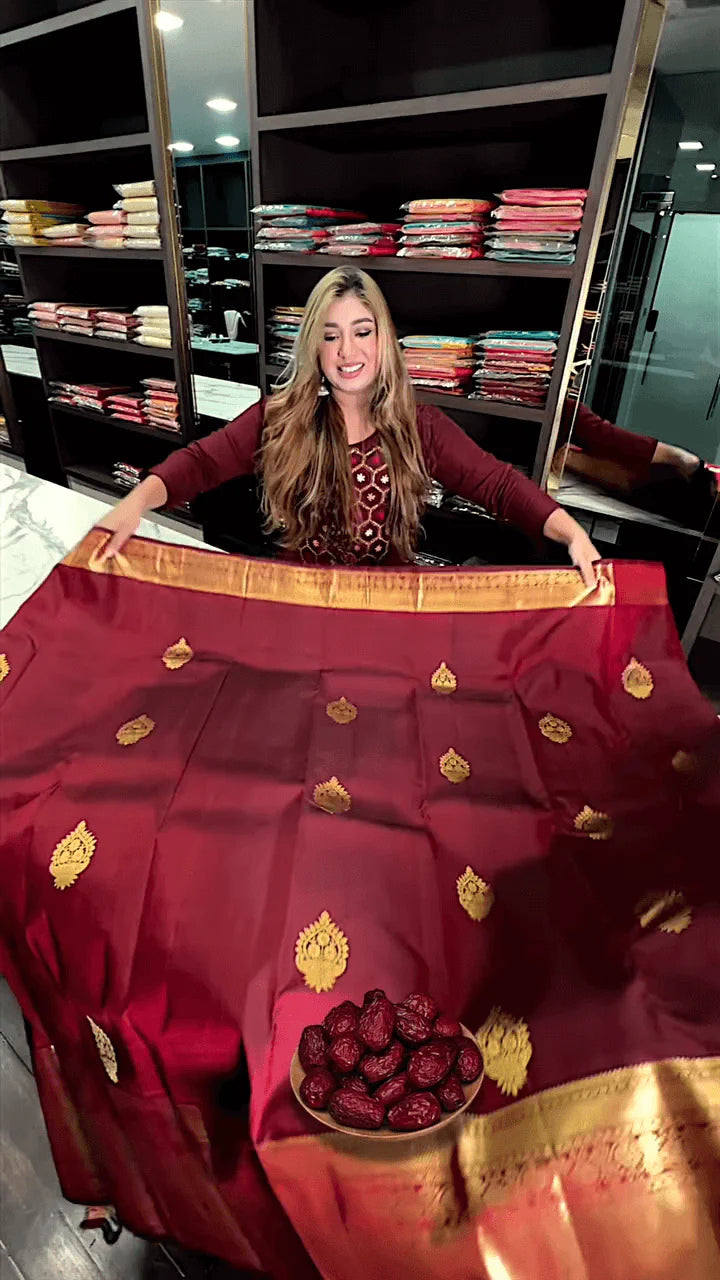 Very Appealing Maroon Soft Banarasi Silk Saree With Lovely Blouse Piece