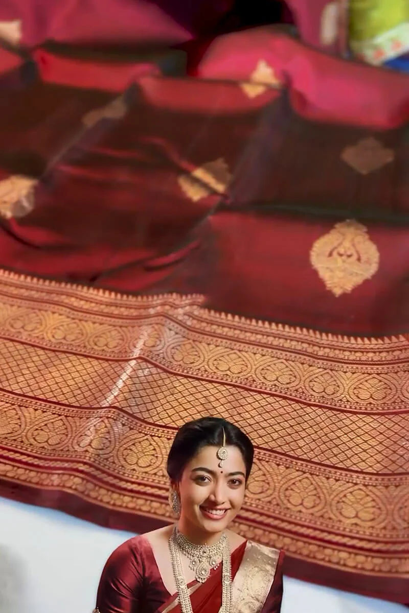 Lovely Wine Soft Banarasi Silk Saree With Pretty Blouse Piece