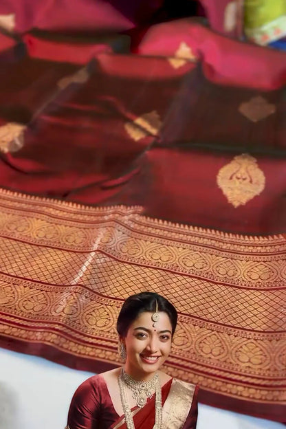 Lovely Wine Soft Banarasi Silk Saree With Pretty Blouse Piece