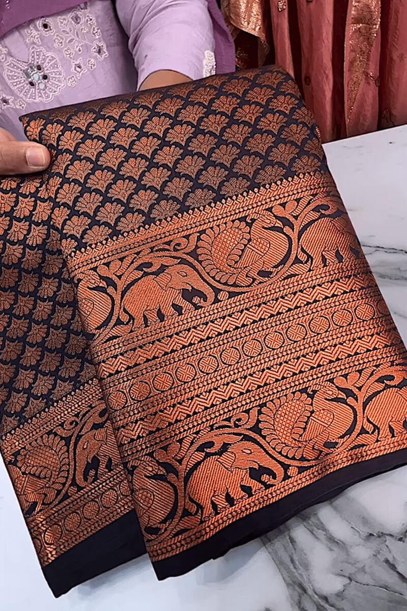 Winsome Navy Blue Soft Banarasi Silk Saree With Unique Blouse Piece