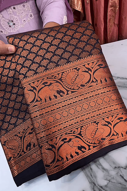 Winsome Navy Blue Soft Banarasi Silk Saree With Unique Blouse Piece