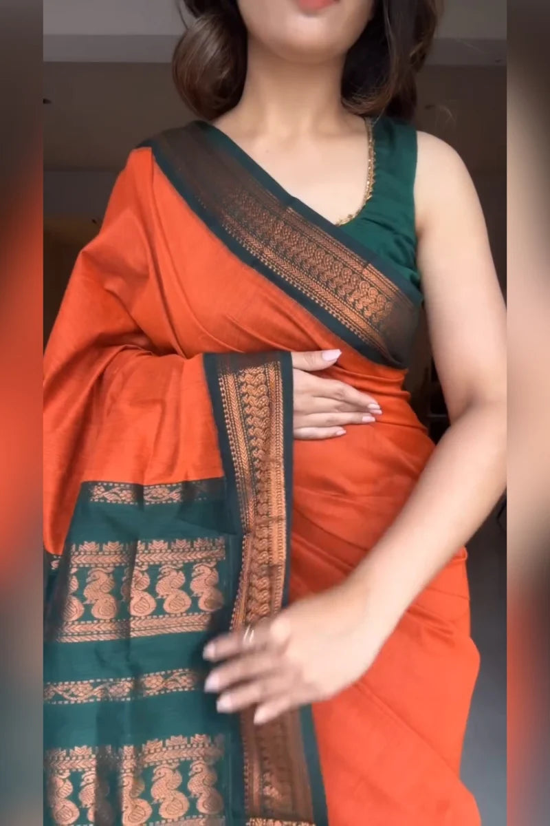 Attractive Orange Soft Silk Saree With Unique Blouse Piece