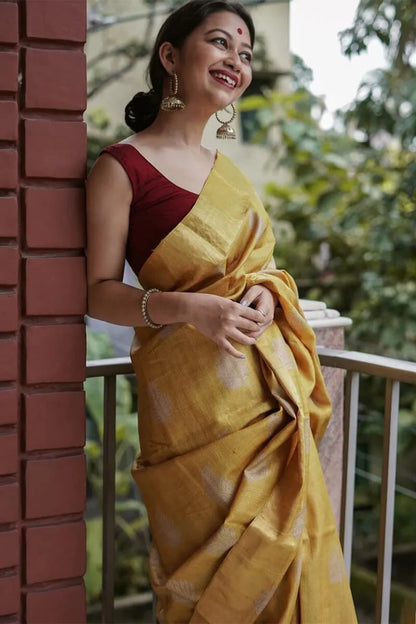 Winsome Mustard Linen Silk Saree With Adorable Blouse Piece