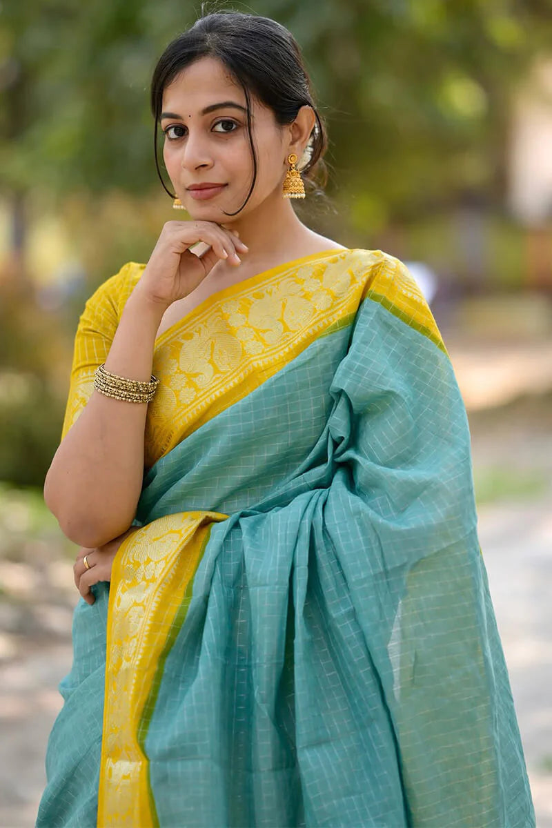 Heavenly Firozi Soft Silk Saree With Lovely Blouse Piece