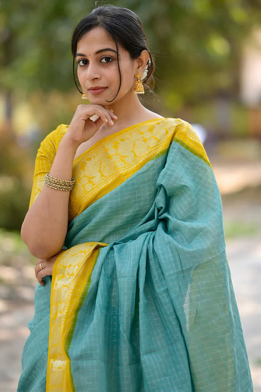 Heavenly Firozi Soft Silk Saree With Lovely Blouse Piece