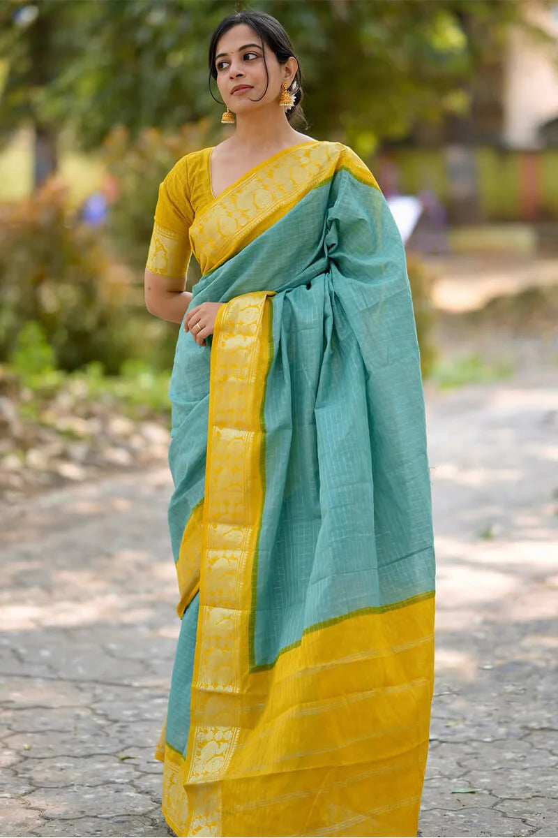 Heavenly Firozi Soft Silk Saree With Lovely Blouse Piece