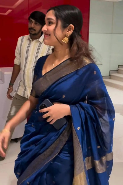 Alluring Navy Blue Cotton Silk Saree With Beautiful Blouse Piece