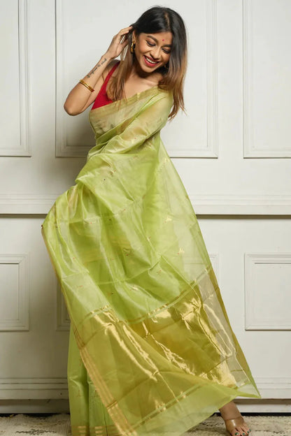 Very Appealing Pista Cotton Silk Saree With Stunning Blouse Piece