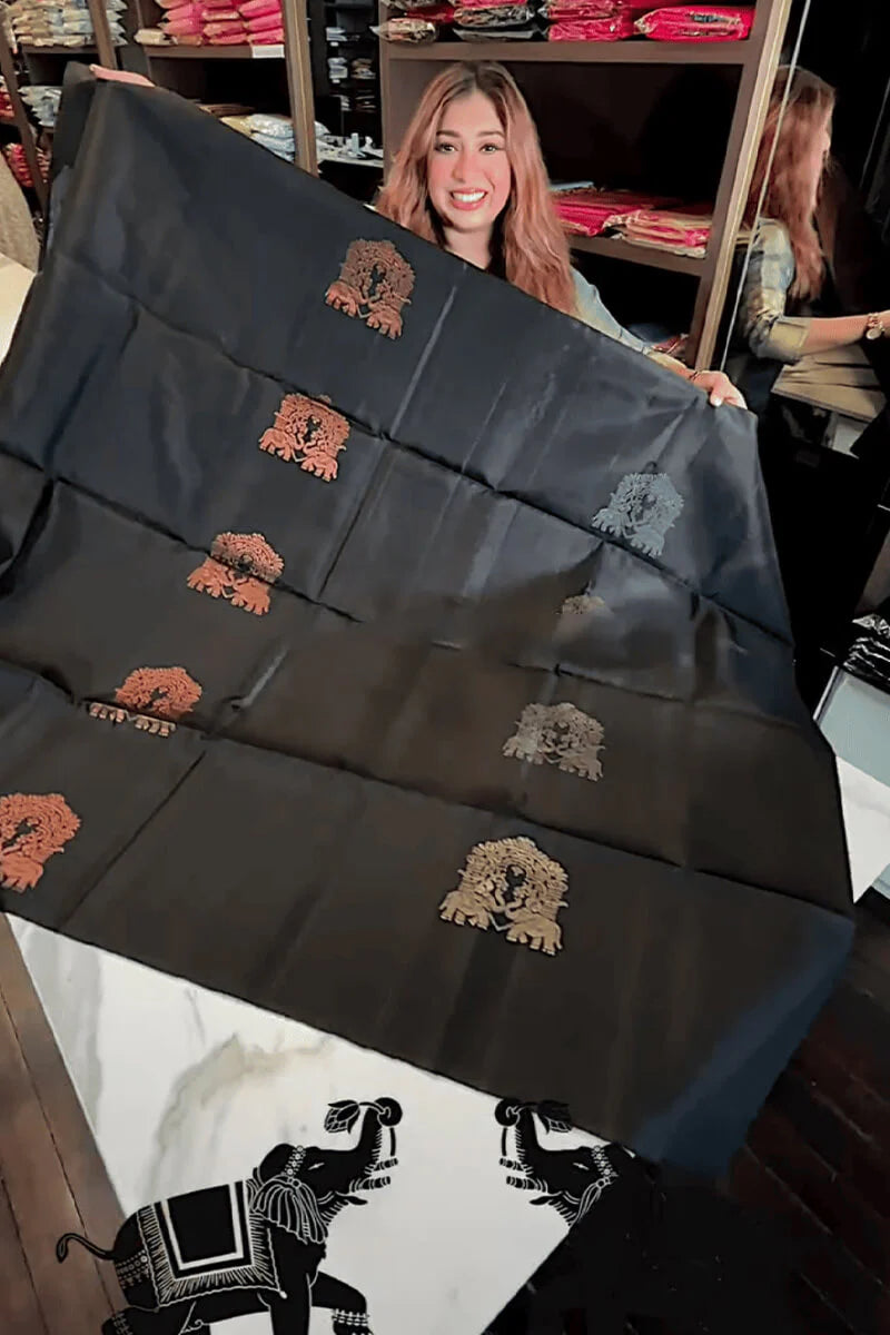 Very Pretty Black Soft Banarasi Silk Saree With Intricate Blouse Piece
